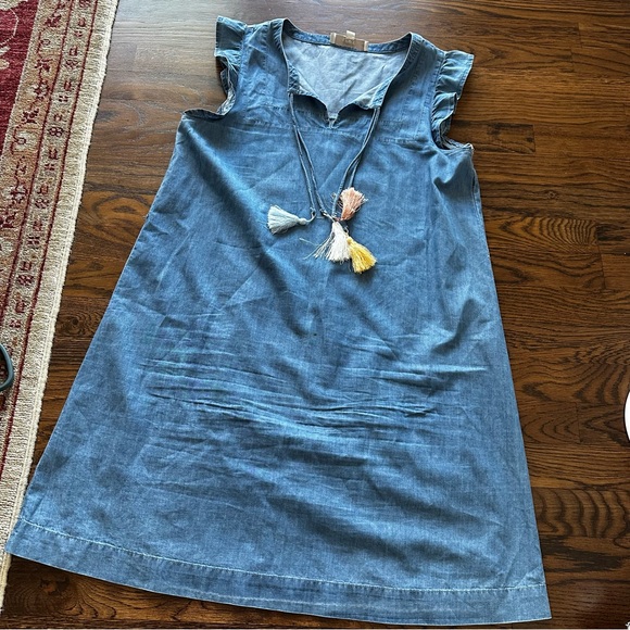 LOFT Dresses & Skirts - LOFT Blue Denim Chambray Mini Summer Shift Dress with ruffle sleeves & tassels
